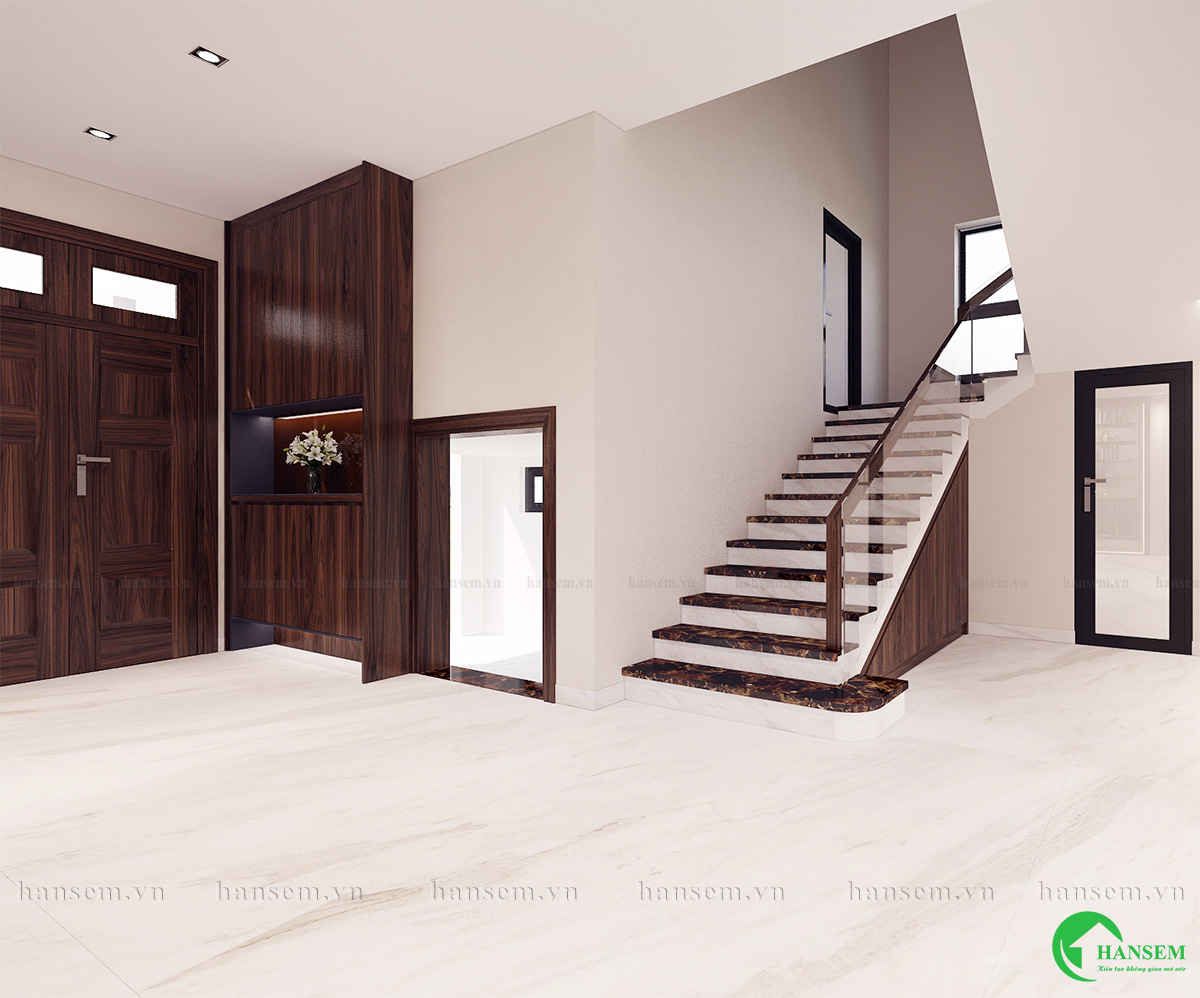 thiết kế nội thất gỗ óc chó cầu thang nhà chị hương tại vincom hà tĩnh
