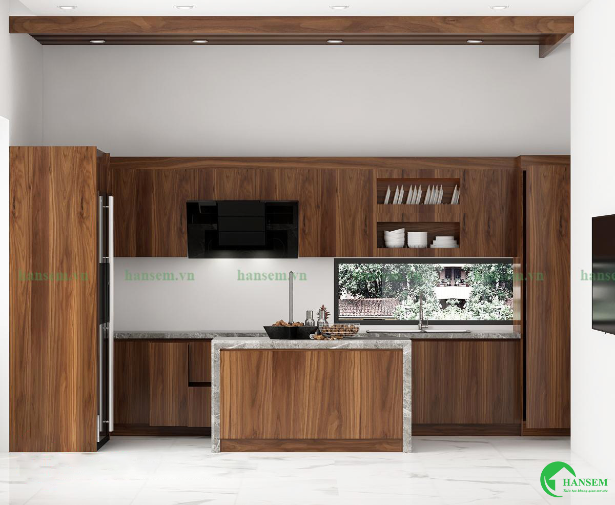 thiết kế nội thất gỗ óc chó phòng bếp tại vinh